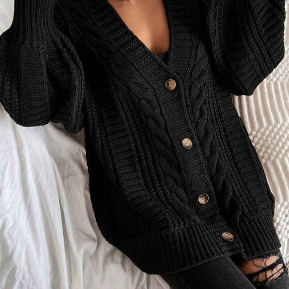 Casual Button Front Cable Knit Cardigan Black - Picture 5 of 5
